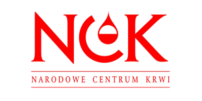 Logo Narodowego Centrum Krwi w postaci czerwonych liter NCK oraz kropli krwi