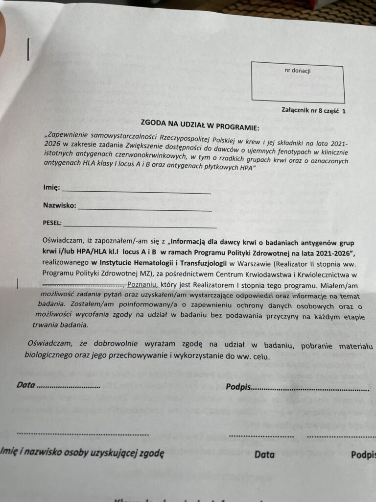 Przykładowy formularz zgody z RCKiK w Poznaniu